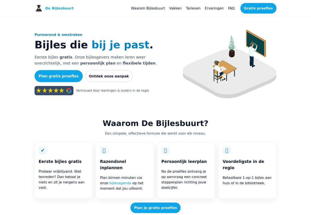 Screenshot van de website van De Bijlesbuurt
